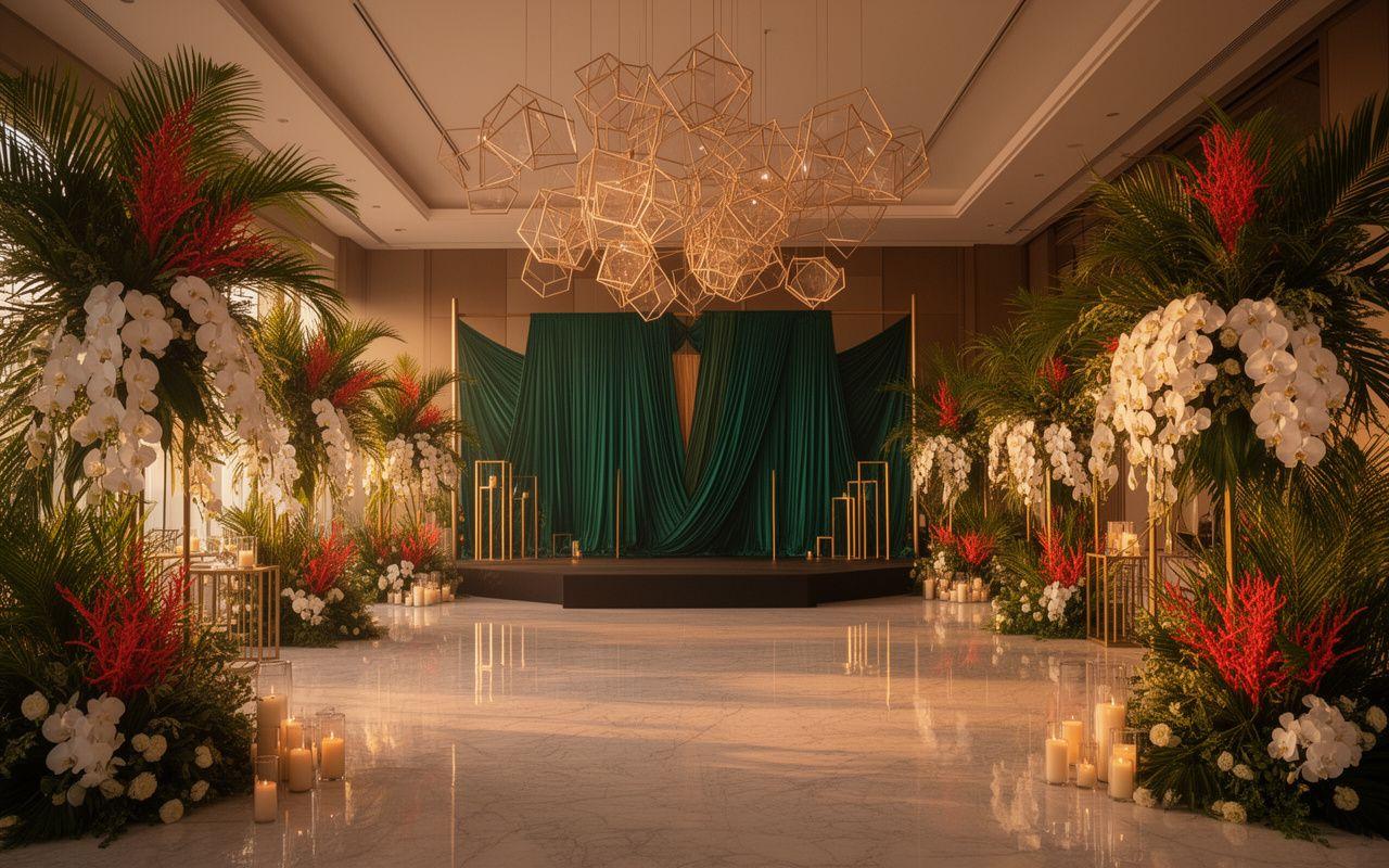 A staged corporate gala with warm amber lighting and gold accents in Kuala Lumpur