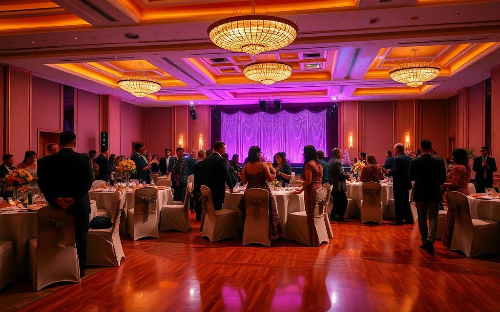 Corporate gala dinner with stage lighting
